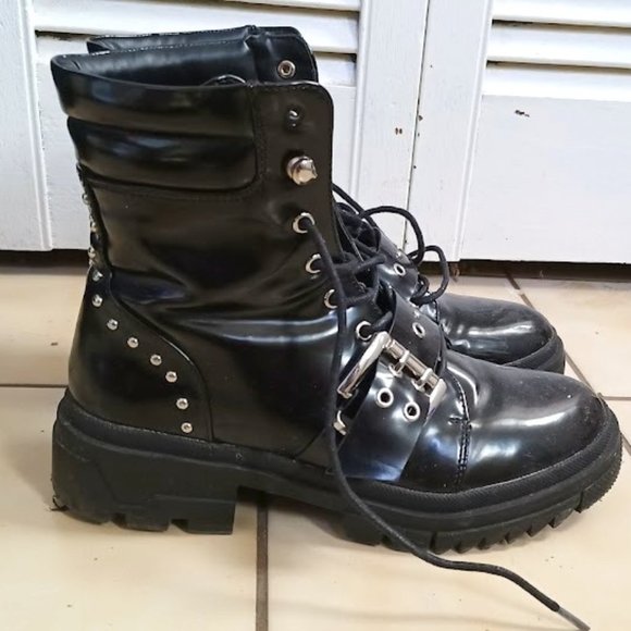 Vero Moda Black Combat Lace-Up Boots with Belt Detail - US 7 / UK 5 / EUR 38 - Picture 1 of 15